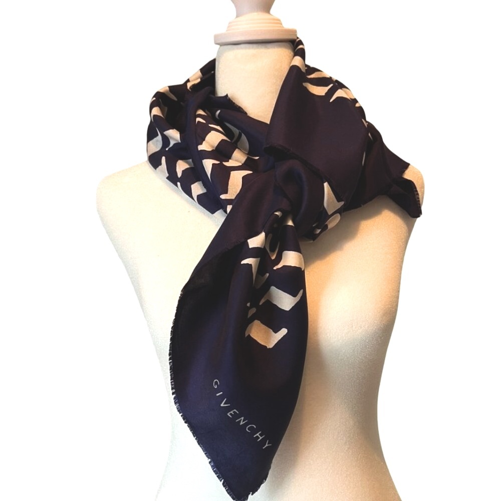Givenchy Silk Scarf, Navy and White Pattern, 32" x 32"